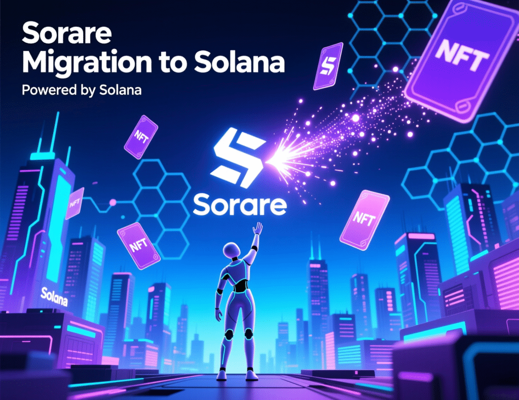 Sorare platform graphic illustrating migration to Solana