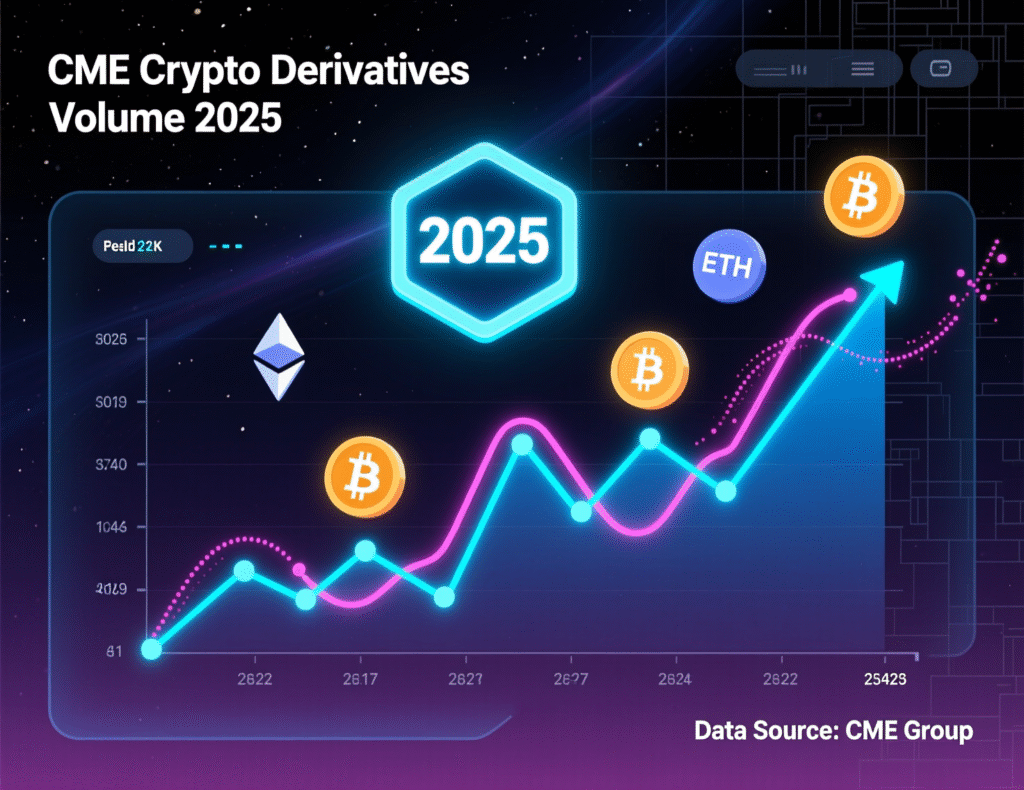 Bar chart of CME crypto futures and options volumes highlighting institutional investment in crypto hedging.