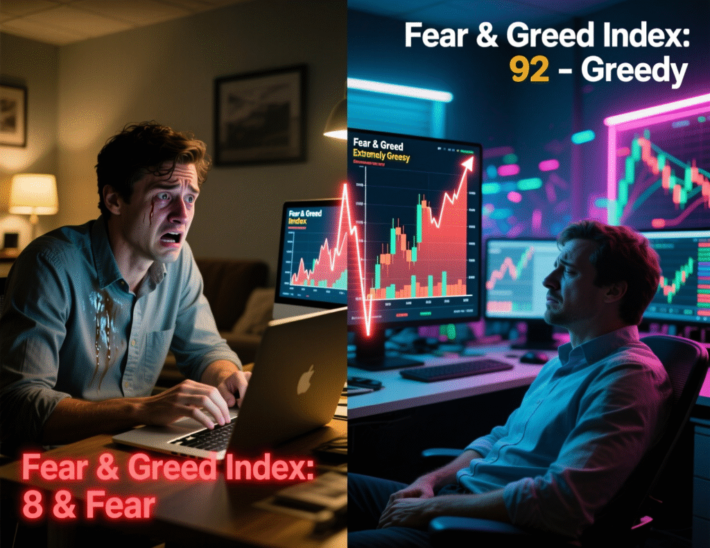 “Crypto Fear & Greed Index chart illustrating sentiment extremes for trading psychology.”