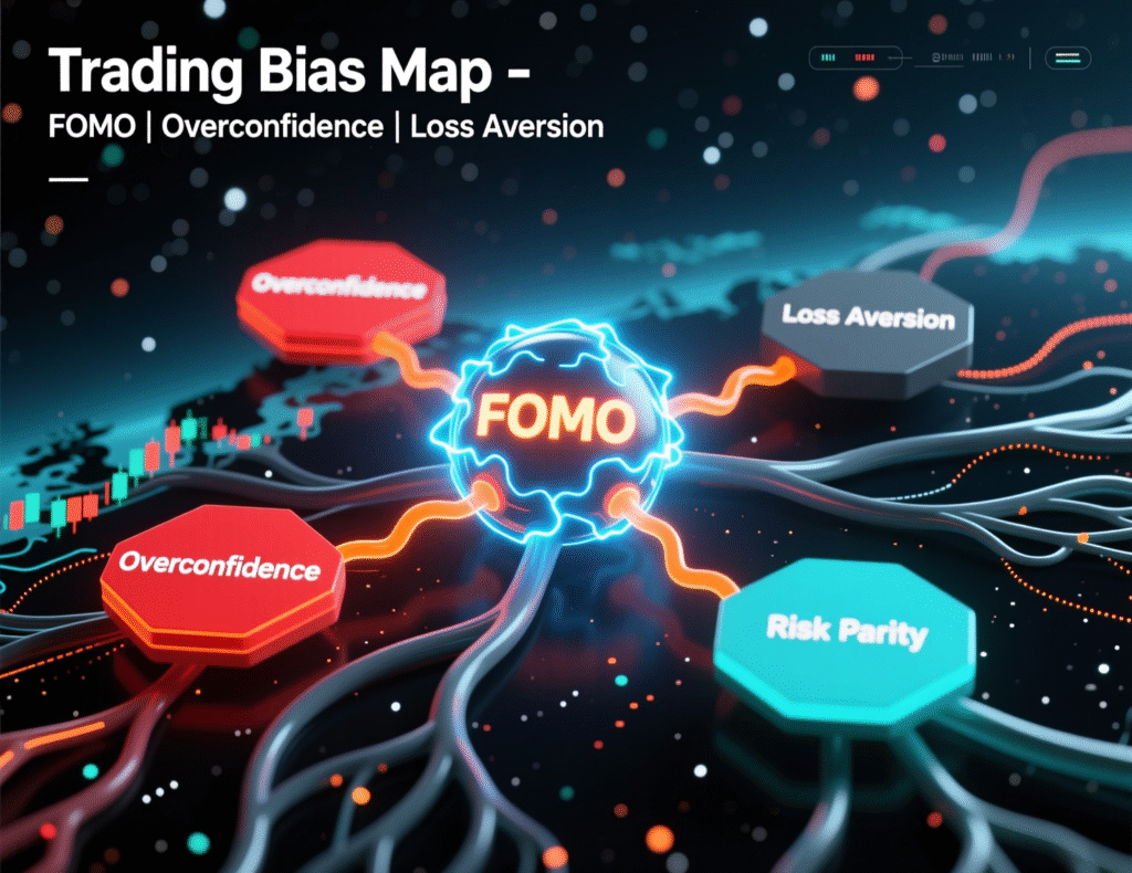 “Map of common trading biases—FOMO, overconfidence, herding, loss aversion—affecting crypto traders.”