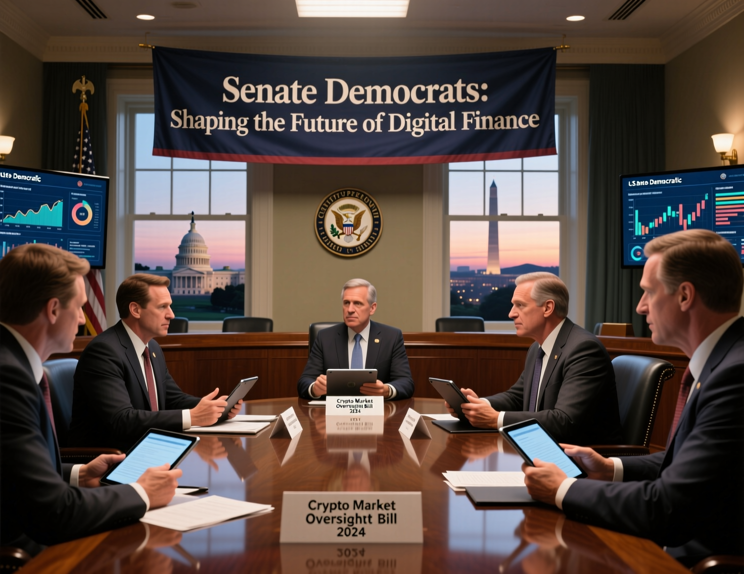 Senate Democrats crypto market structure legislation roundtable attendees gathered on Capitol Hill