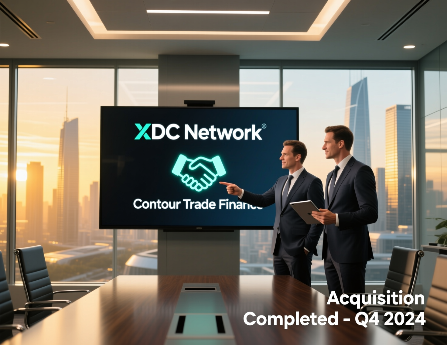 “XDC Network acquires Contour” headline graphic with trade finance theme