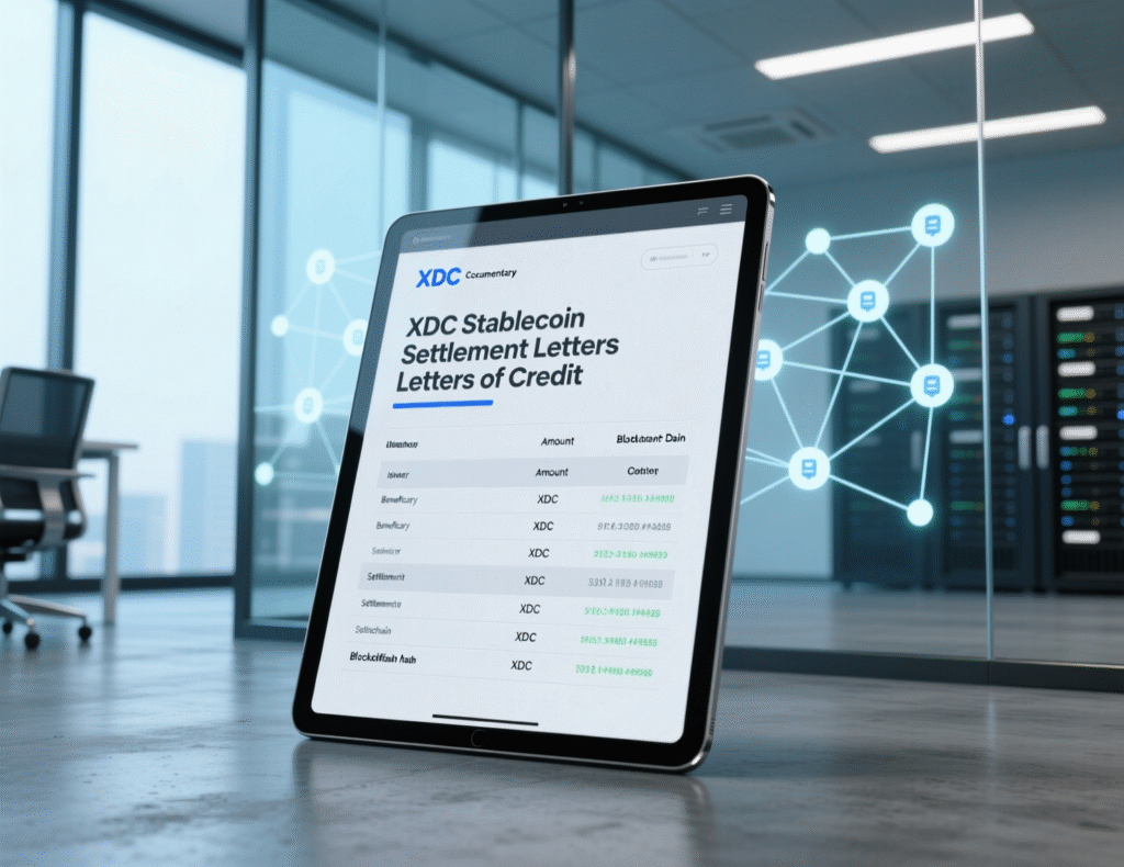 Banker reviewing digital letter of credit with stablecoin settlement icon