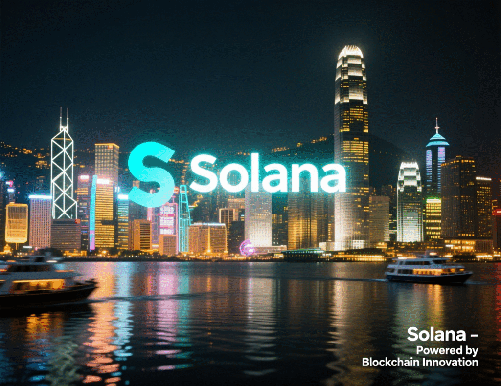 “Solana logo with Hong Kong skyline representing new ETF listing”