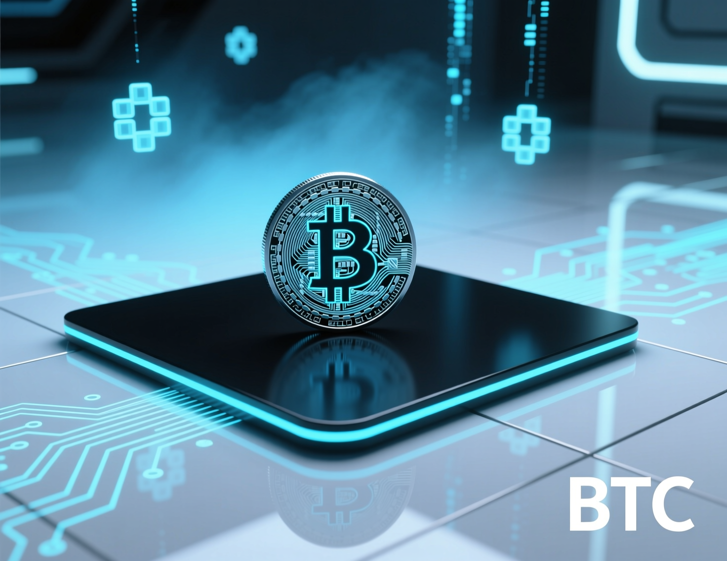 “BTC holds flat amid quantum computing fears” headline on a candlestick chart