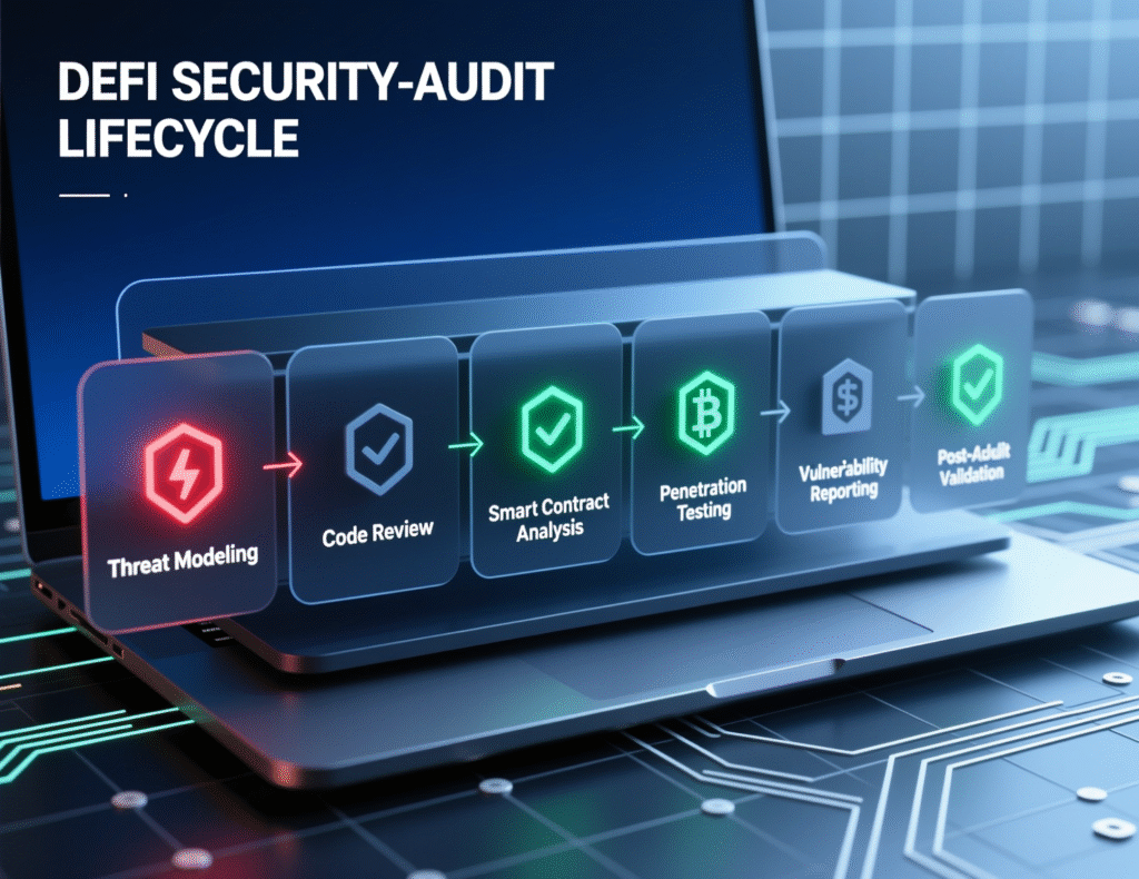 Illustration of DeFi security audits and monitoring pipeline