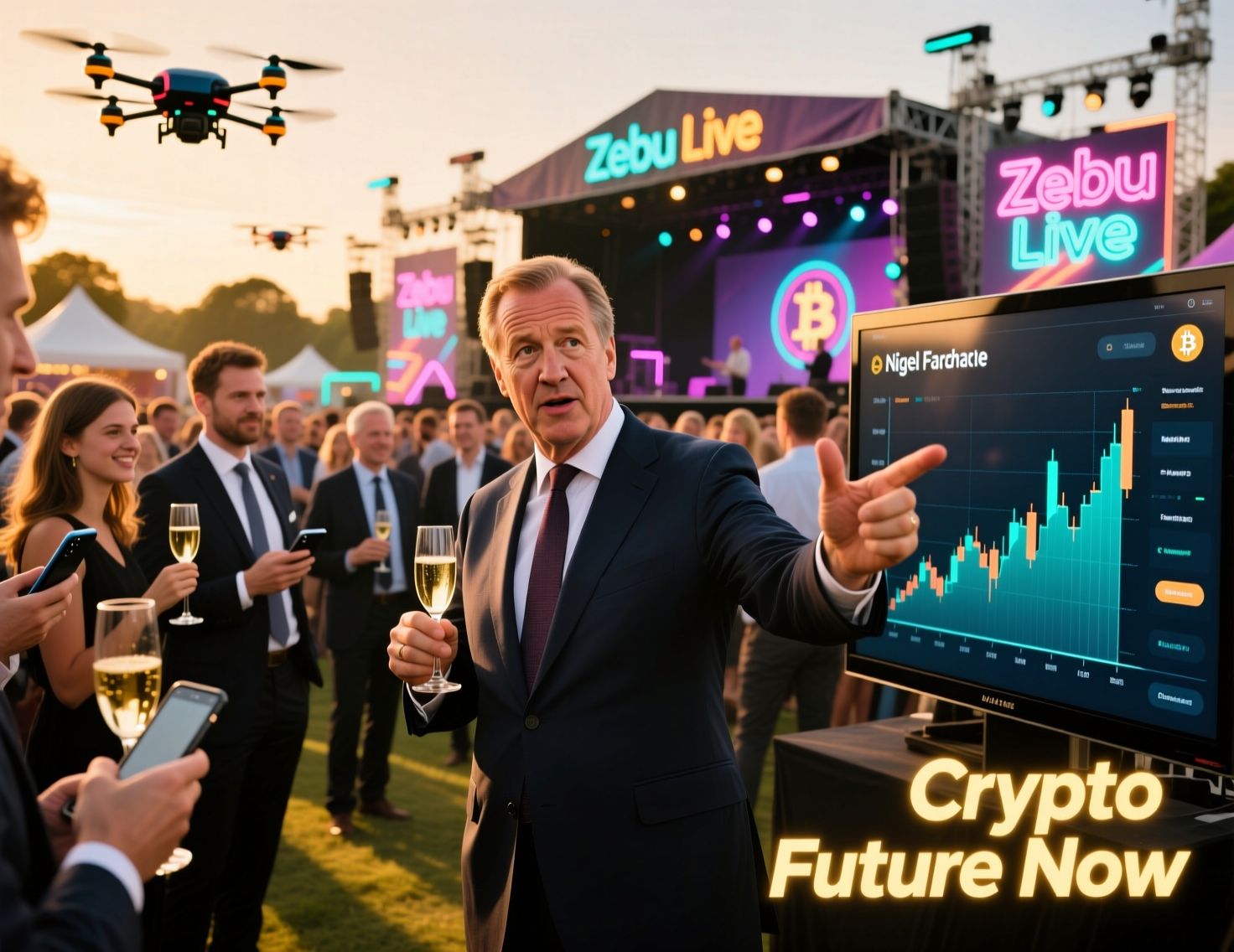 Nigel Farage courts crypto donors at Zebu Live main-stage address in London