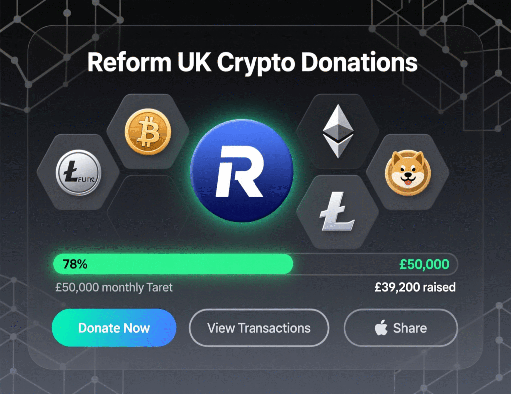 Reform UK crypto donations page displayed on a laptop screen