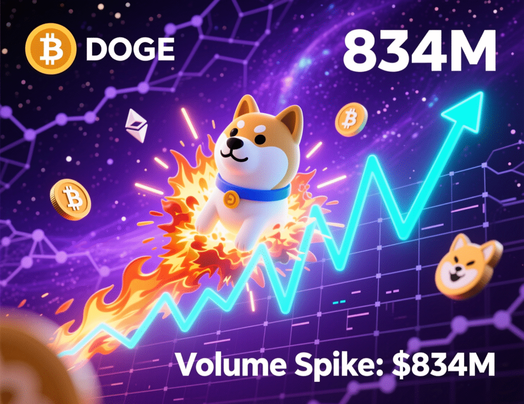 Hourly DOGE volume spike to ~834.5M during resistance break