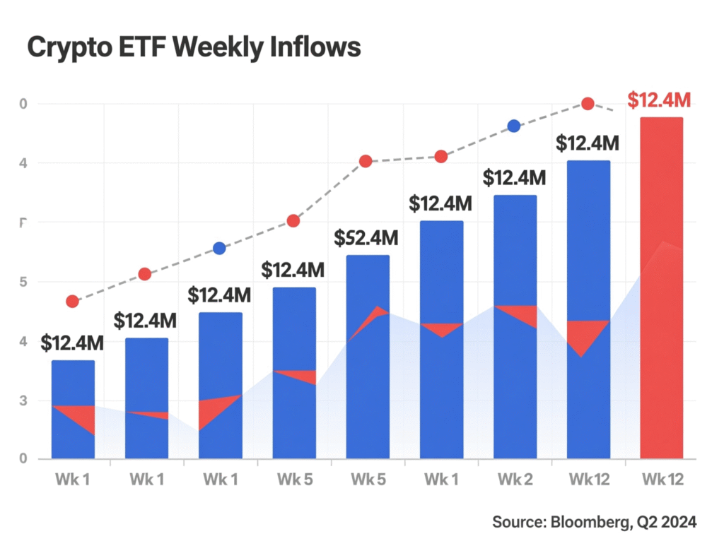 Weekly global crypto ETF net flows bar chart