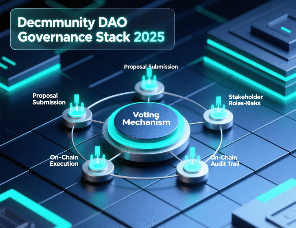 Community DAOs in 2025 2 Diagram of Community DAO stack: Snapshot off-chain voting + OpenZeppelin Governor on-chain execution.