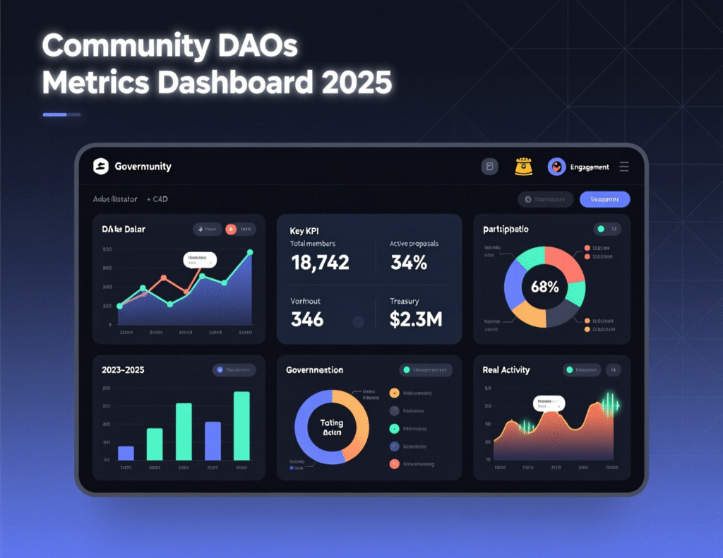 Community DAOs in 2025 4 Sample dashboard of Community DAO metrics: participation, pass rate, treasury health, KPIs.