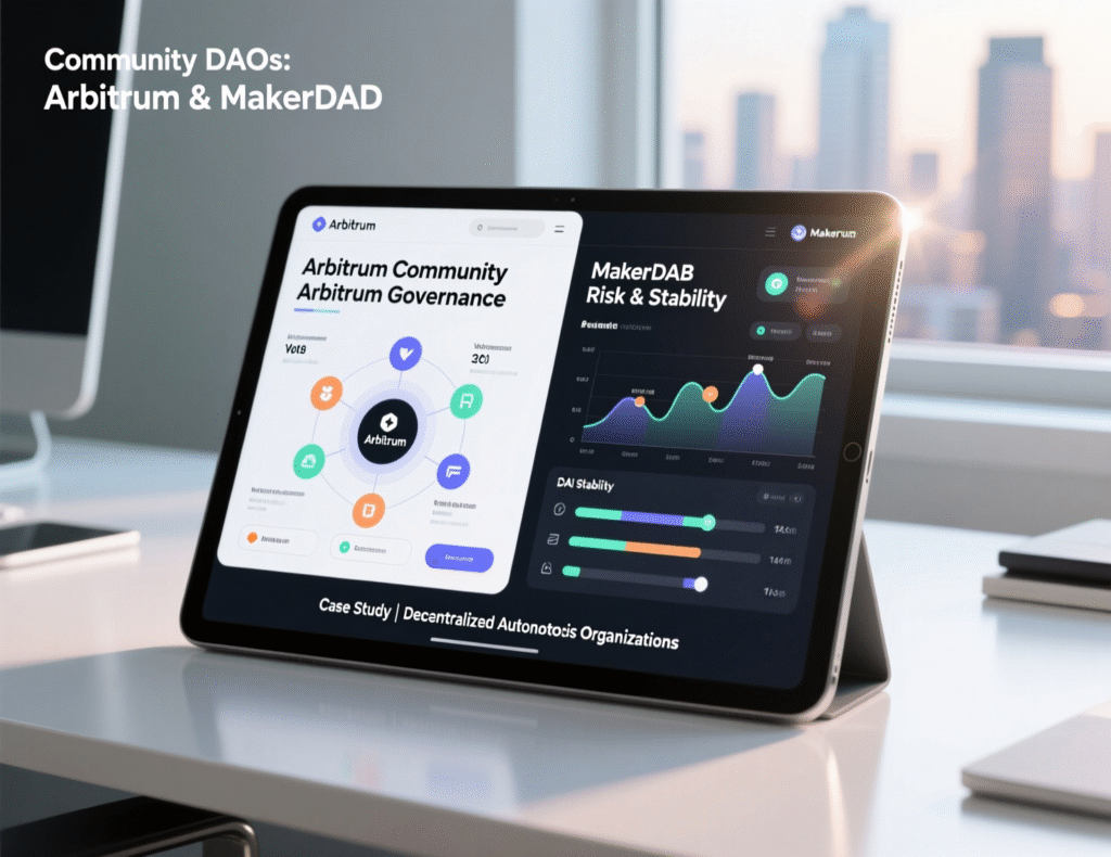 Community DAOs in 2025 5 Side-by-side case study tiles for Arbitrum DAO and MakerDAO in 2025.