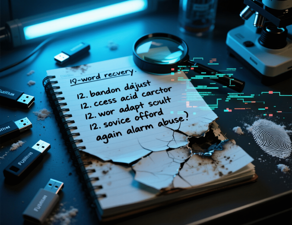 Australian police crack coded wallet, seize $5.9M in crypto 2 Close-up of a 24-word seed phrase undergoing forensic analysis