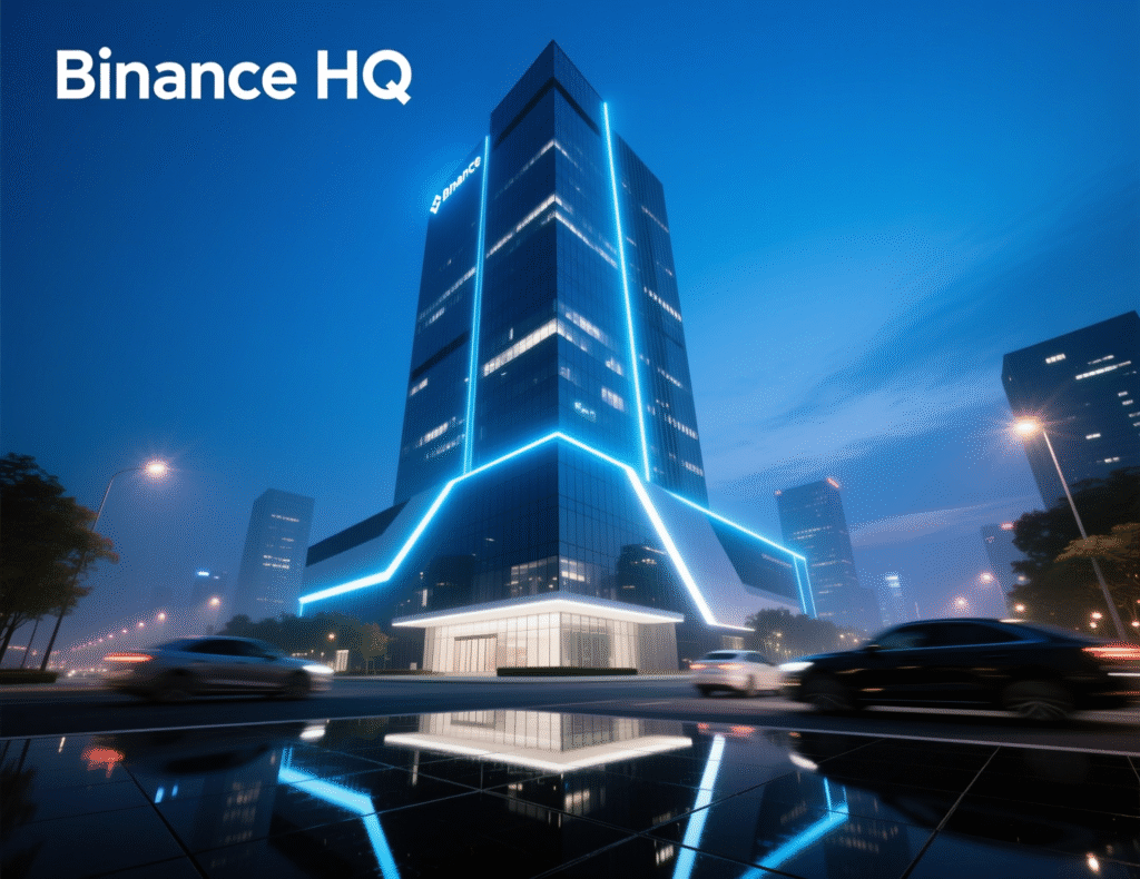 “Binance logo on building exterior at night”