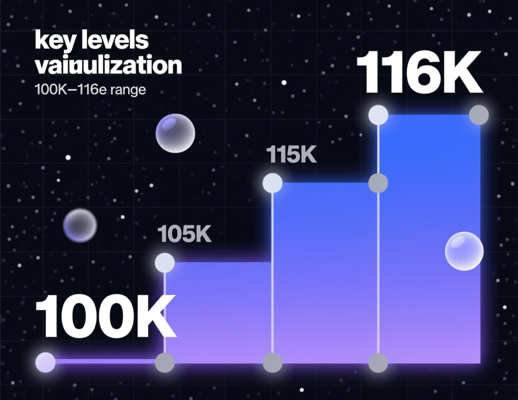 “Annotated chart with BTC support near $100k and resistance around $116k”