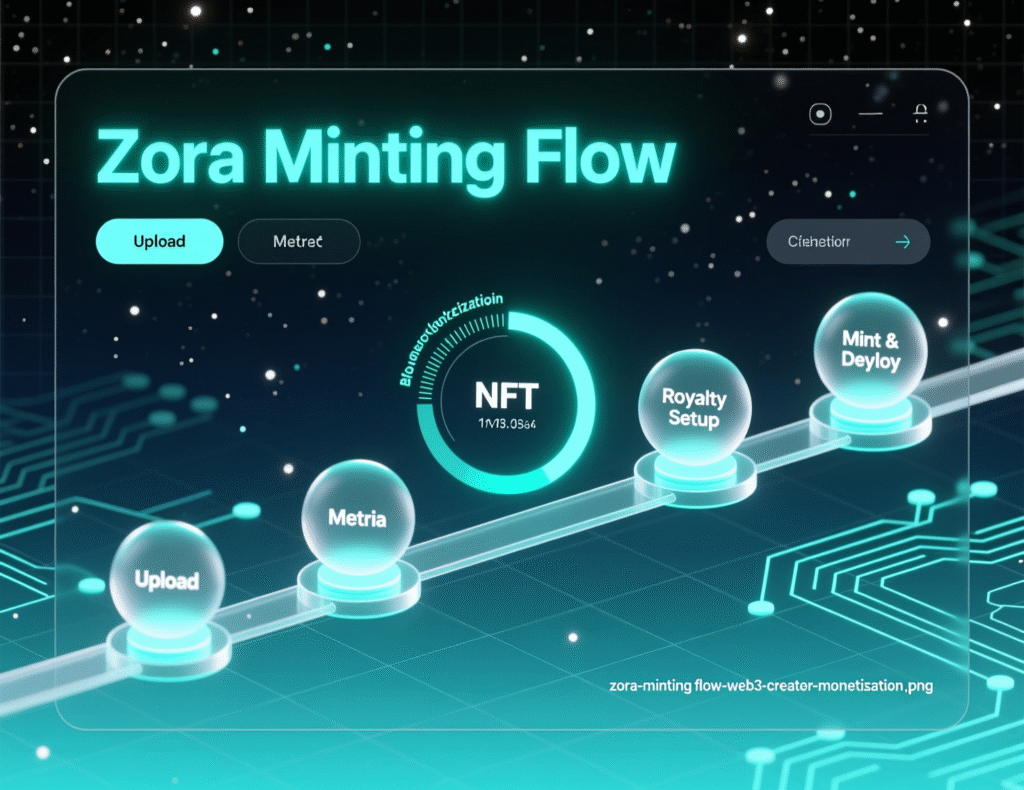 Zora minting flow showing editions, pricing, and creator splits for Web3 creator monetisation.”
