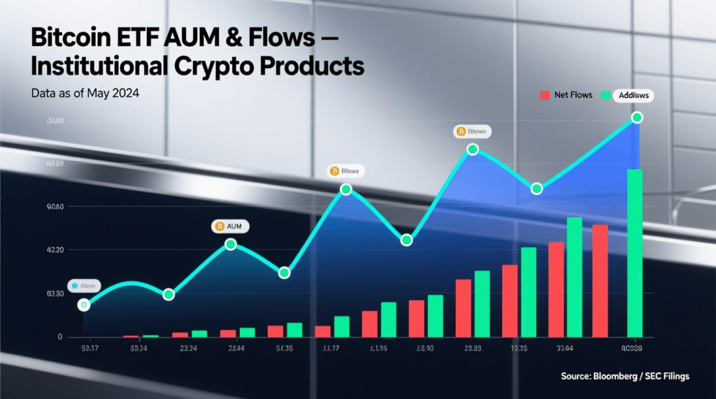 The Rise of Institutional Crypto Products 2 Chart of AUM/flows in U.S. spot Bitcoin ETFs highlighting institutional crypto products momentum.”