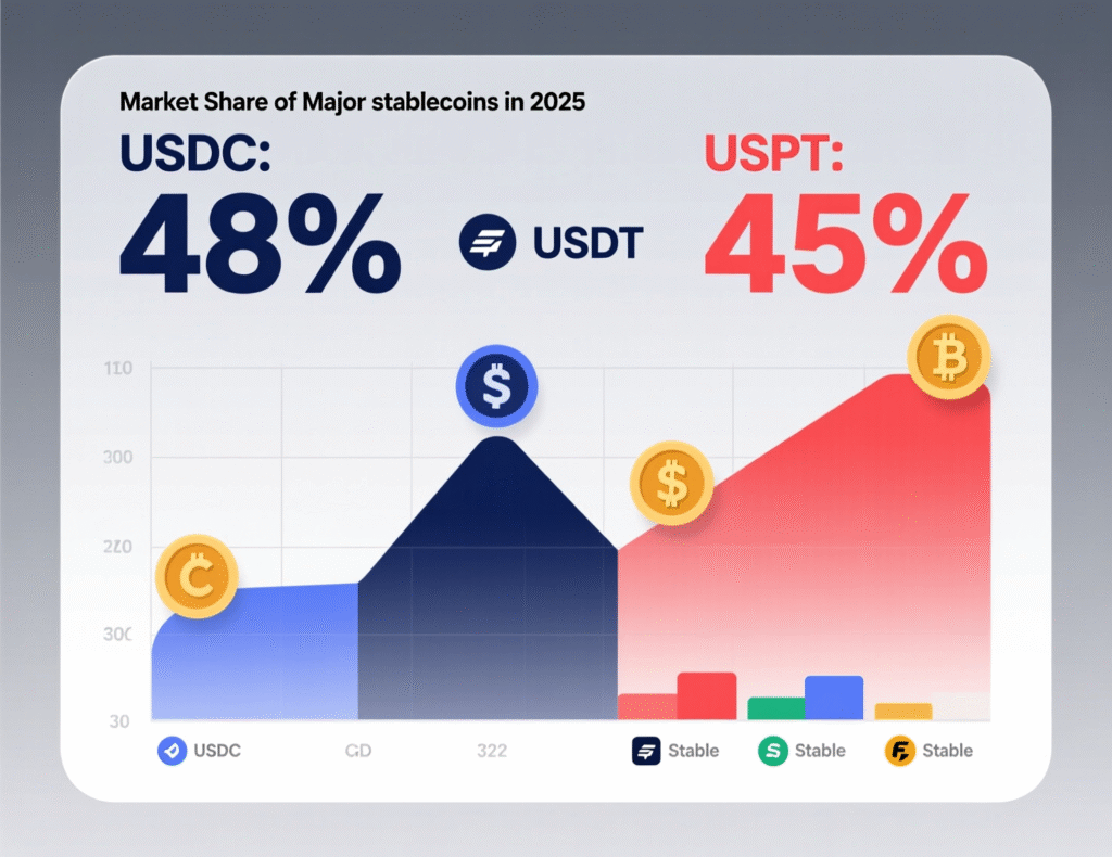 “Market share of leading stablecoins in 2025.”