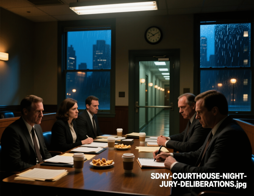 SDNY courthouse at night during jury deliberations