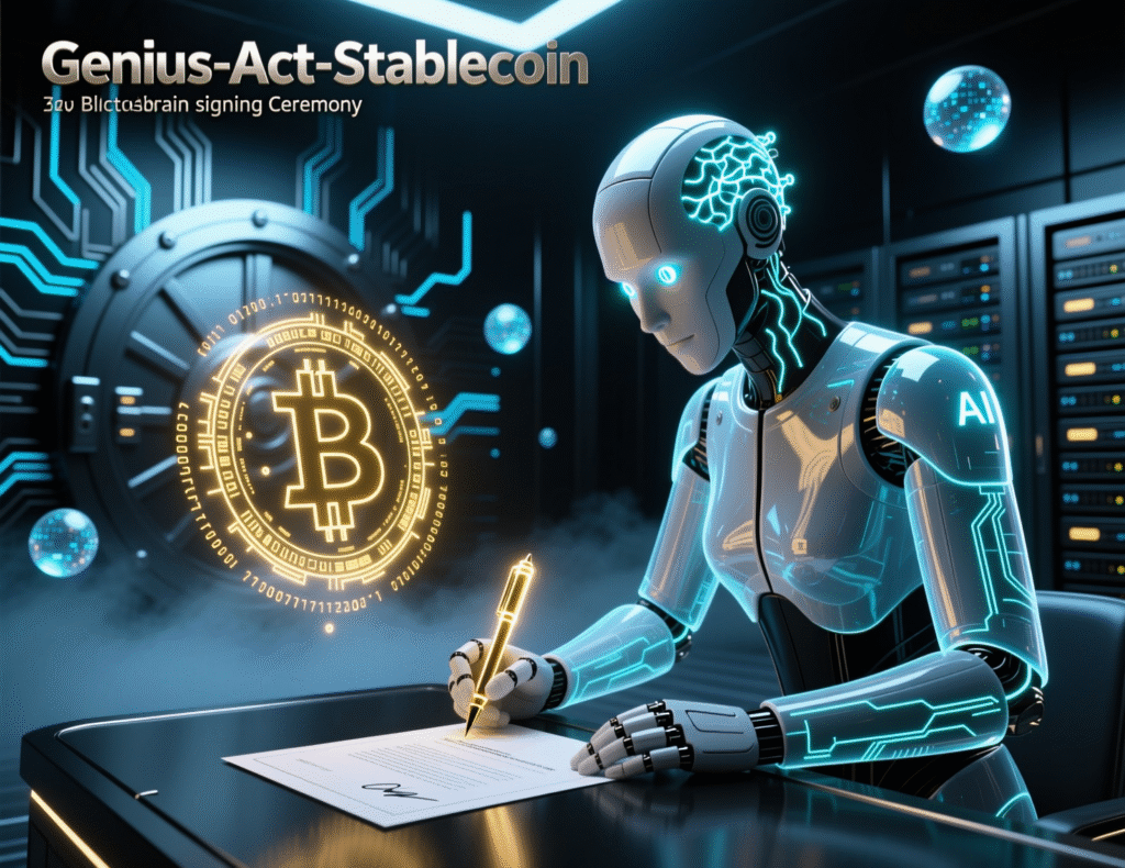 President signing the GENIUS Act stablecoin law (confirm license)
