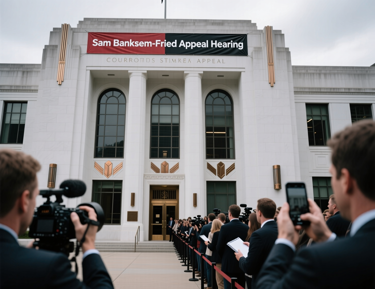 “Reporters outside courthouse before the Sam Bankman-Fried appeal hearing”