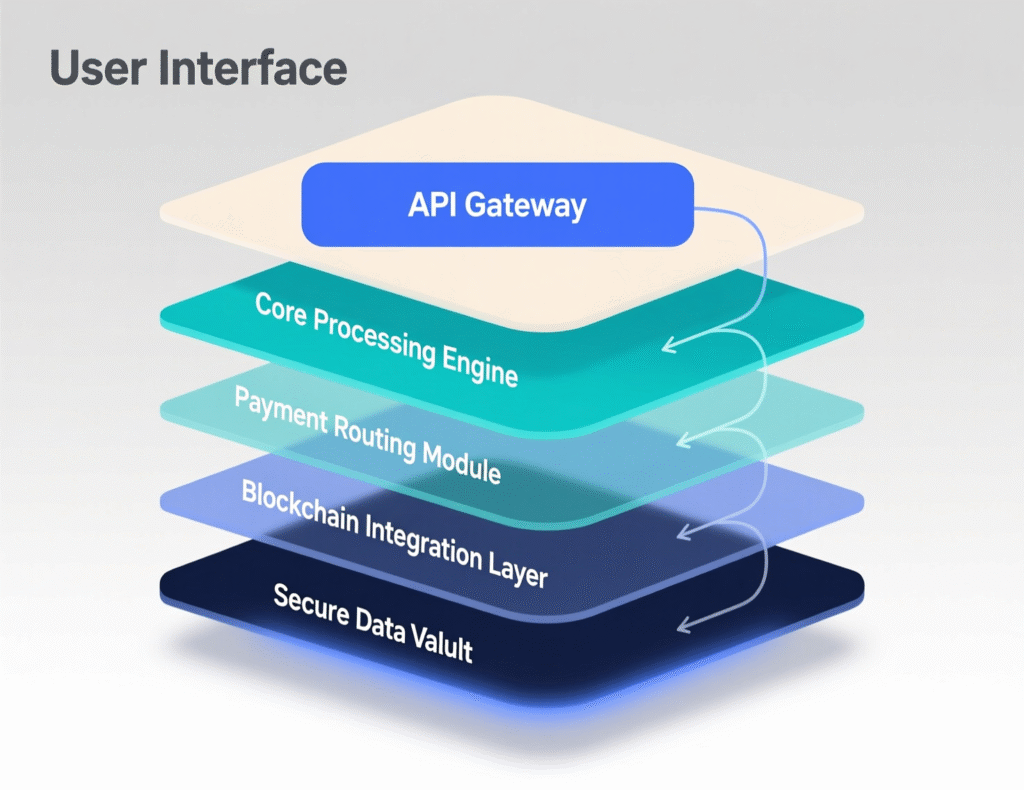 PayFi architecture stack with acceptance, compliance, settlement engine, and treasury orchestration.