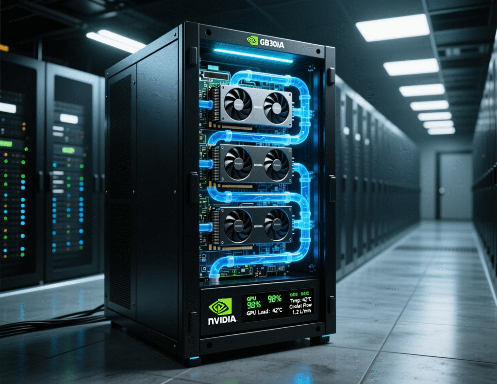 “Close-up of Nvidia GB300 liquid-cooled servers.”