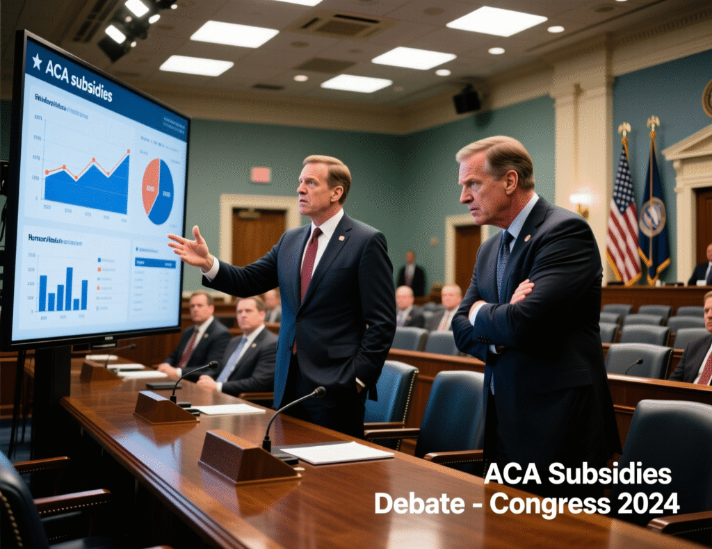 Prediction Markets Say U.S. Government Shutdown Days From Ending as Health Care Fight Looms 3 Lawmakers discussing Affordable Care Act subsidies in corridor