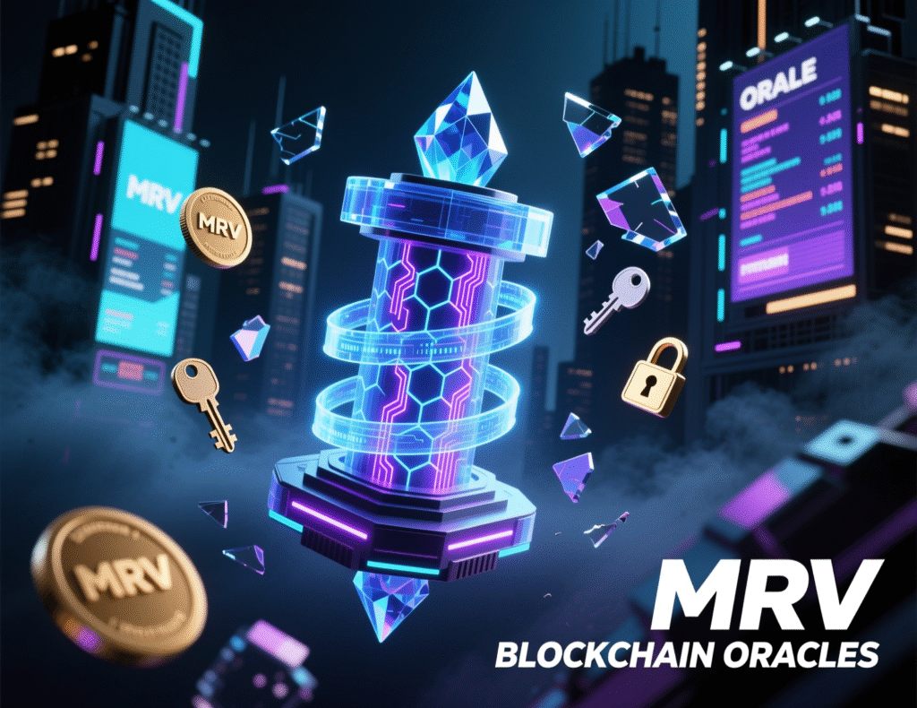 Digital MRV with satellites, drones, sensors, and oracle nodes feeding a blockchain