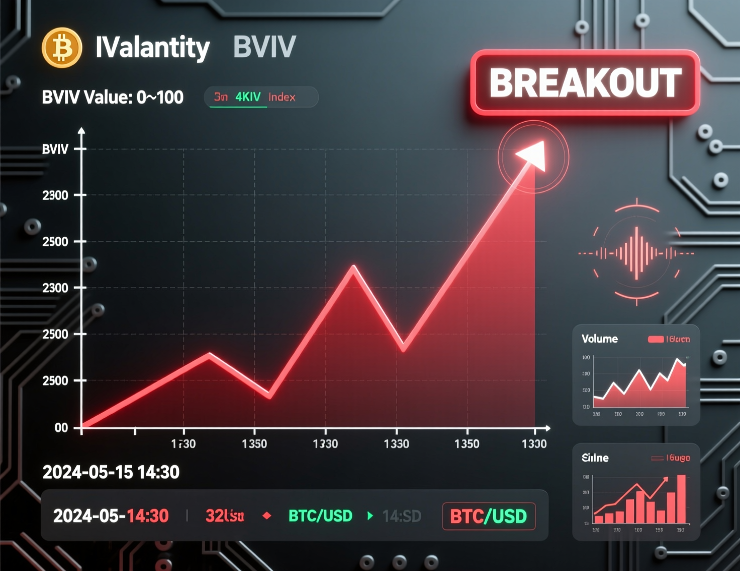 Chart of the Bitcoin volatility index BVIV breaking above a downtrend