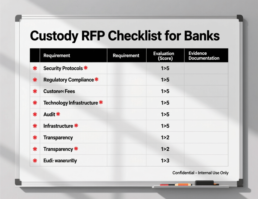 Banks Partnering with Crypto Companies: The Complete Guide 2 RFP checklist table for evaluating crypto custodians in banks.