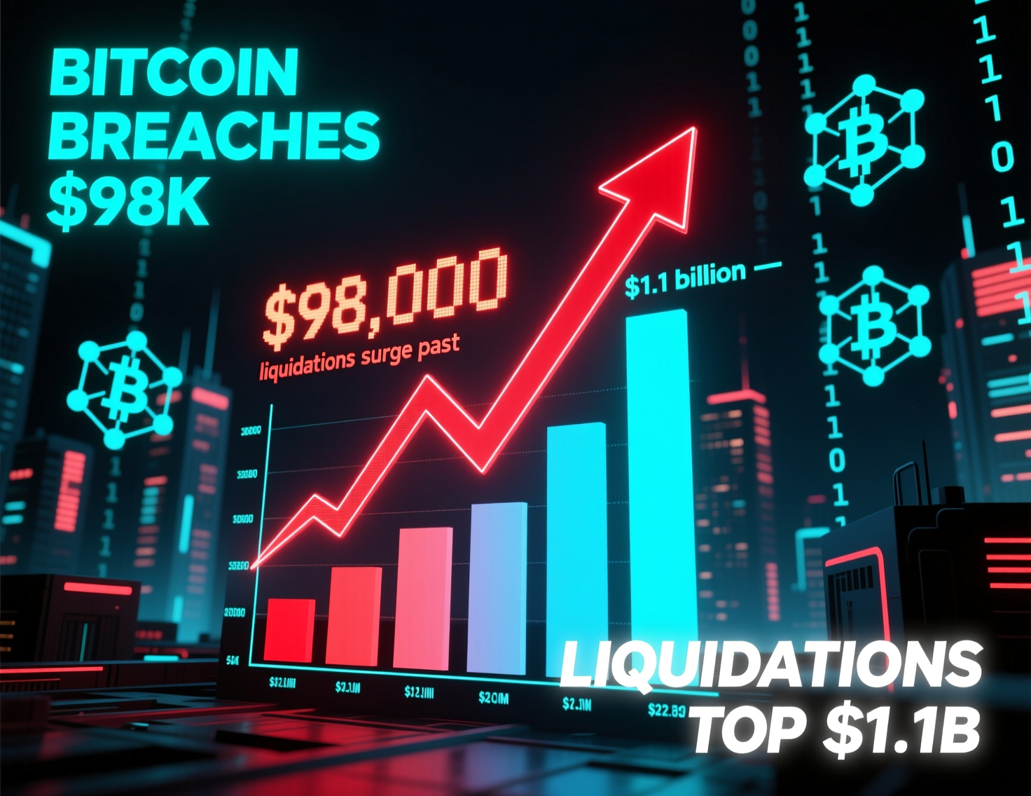 Chart showing Bitcoin breaches $98K as liquidations top $1.1B during market sell-off