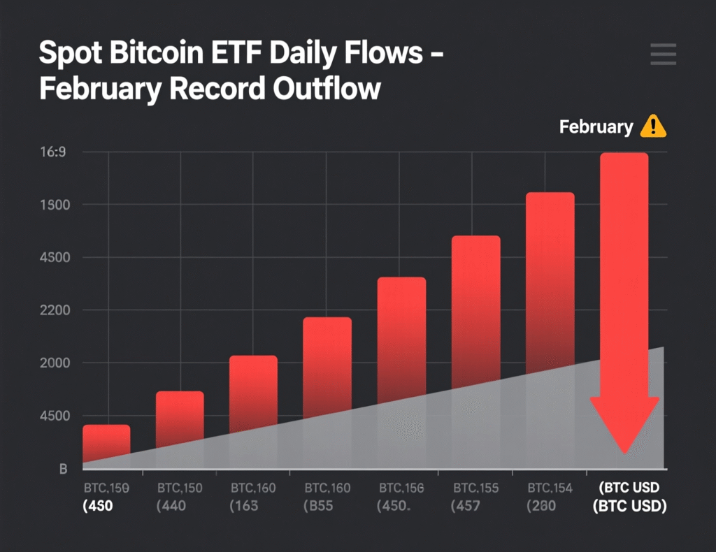 Bar chart of spot bitcoin ETF daily net flows with record February outflow