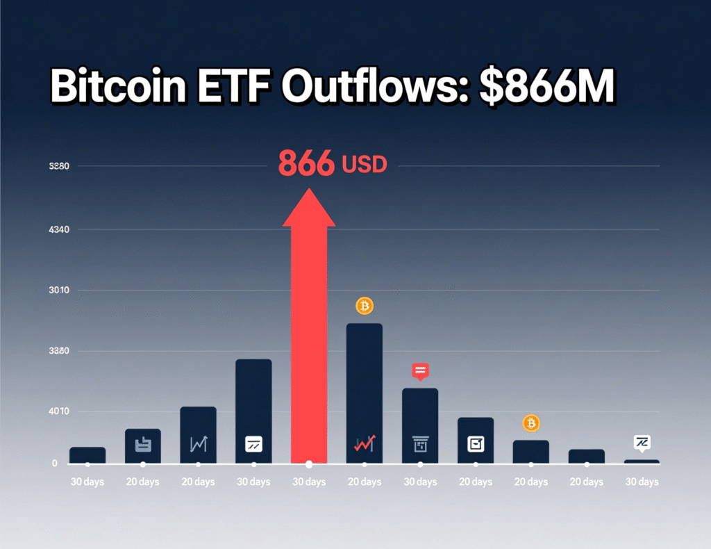 Chart of daily Bitcoin ETF net outflows totaling $866M