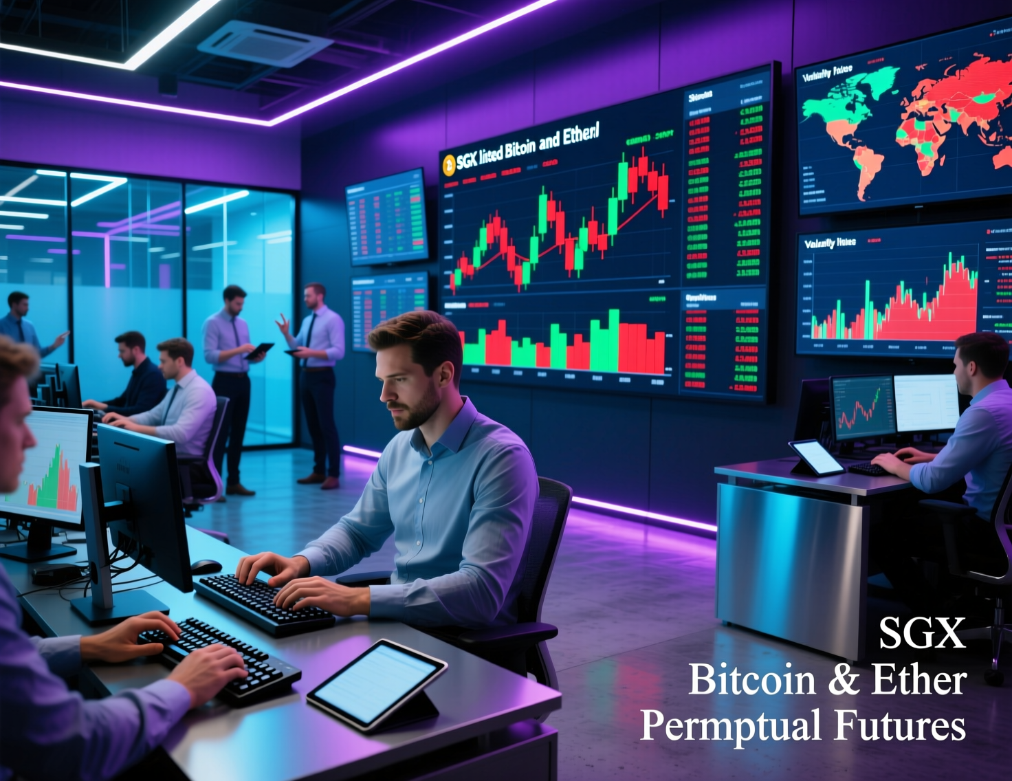 sgx-bitcoin-and-ether-perpetual-futures-trading-floor.jpg Trading screens showing SGX Bitcoin and Ether perpetual futures order book