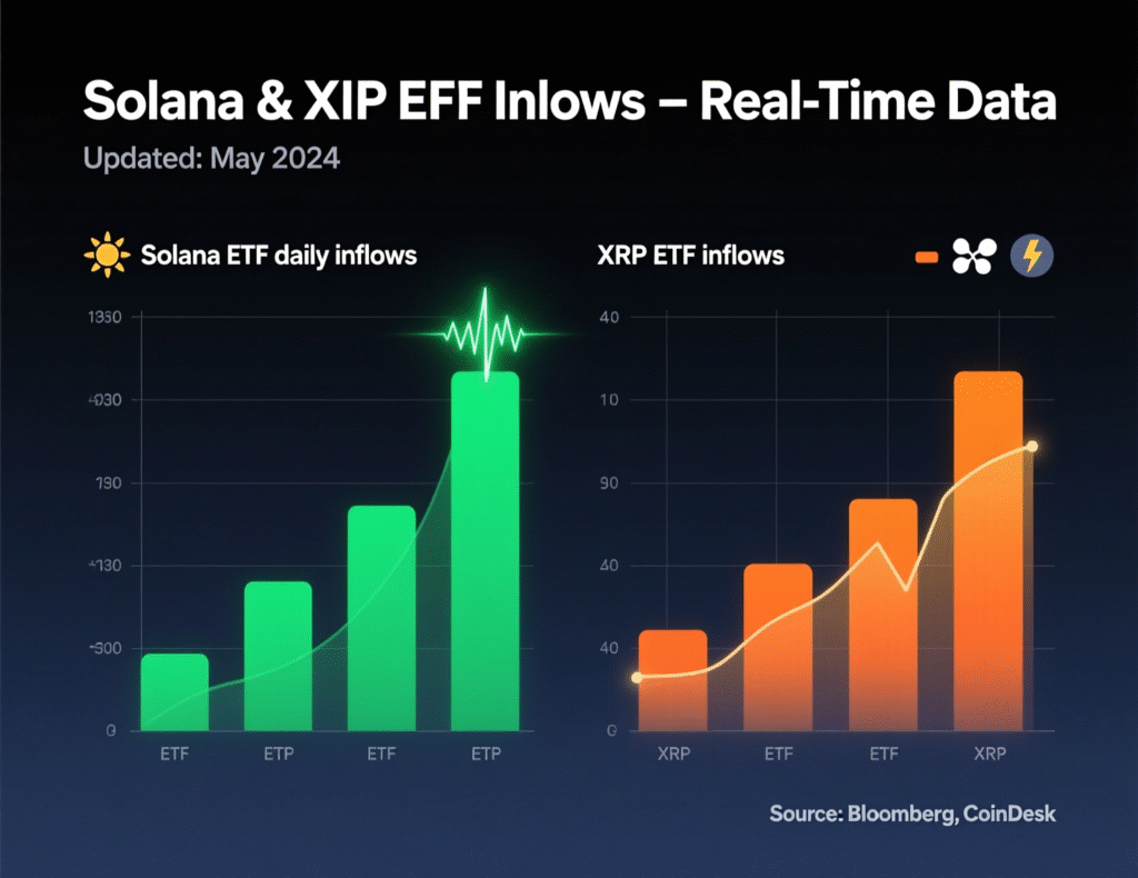 “Logos of Solana and XRP ETFs highlighting recent inflows”