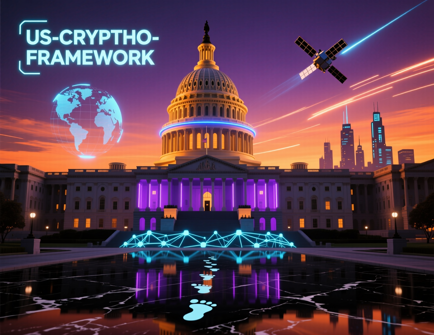 “U.S. crypto framework global leader” headline over U.S. Capitol exterior