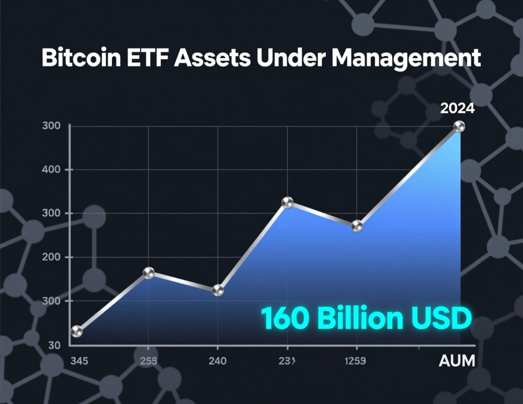Line chart showing global bitcoin ETF AUM near US$160bn