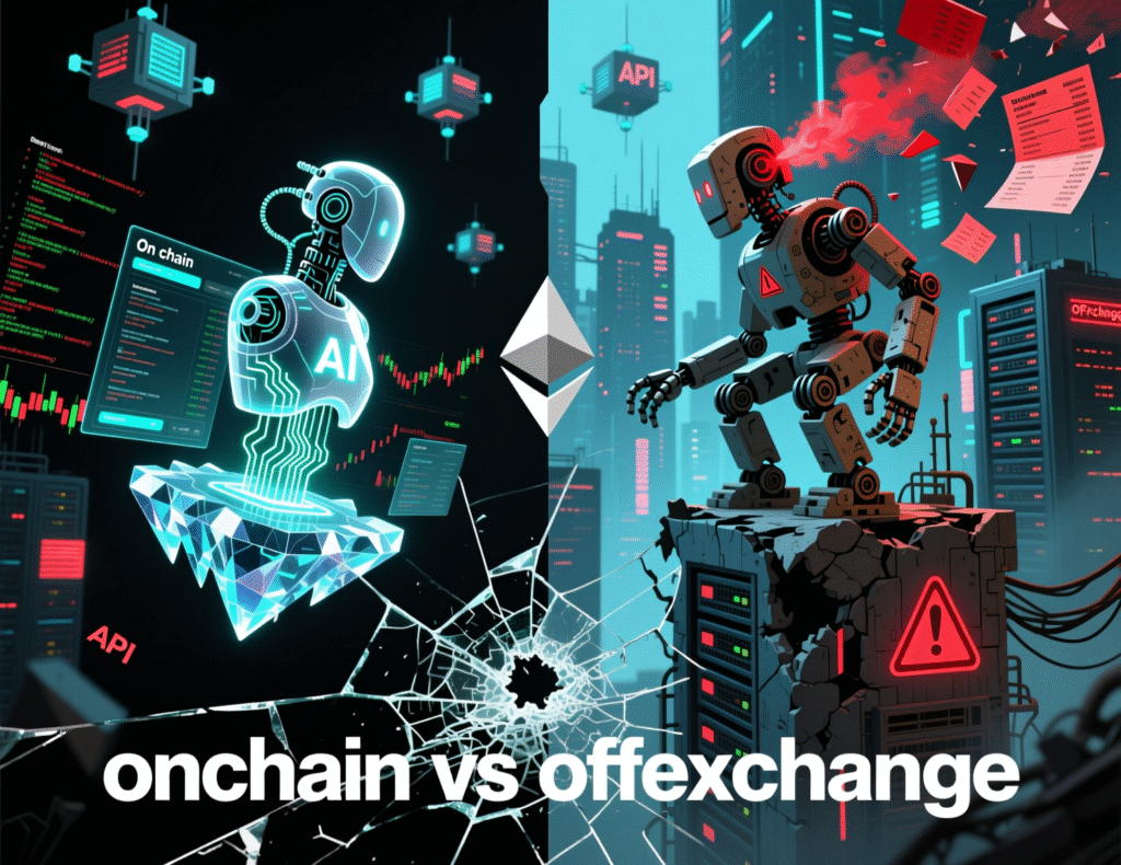 Diagram comparing on-chain and off-exchange autonomous crypto trading agents