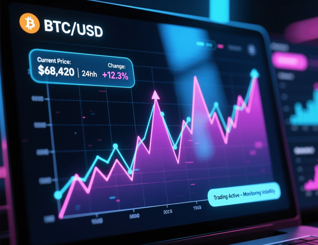 Trader screen with BTC volatility spike