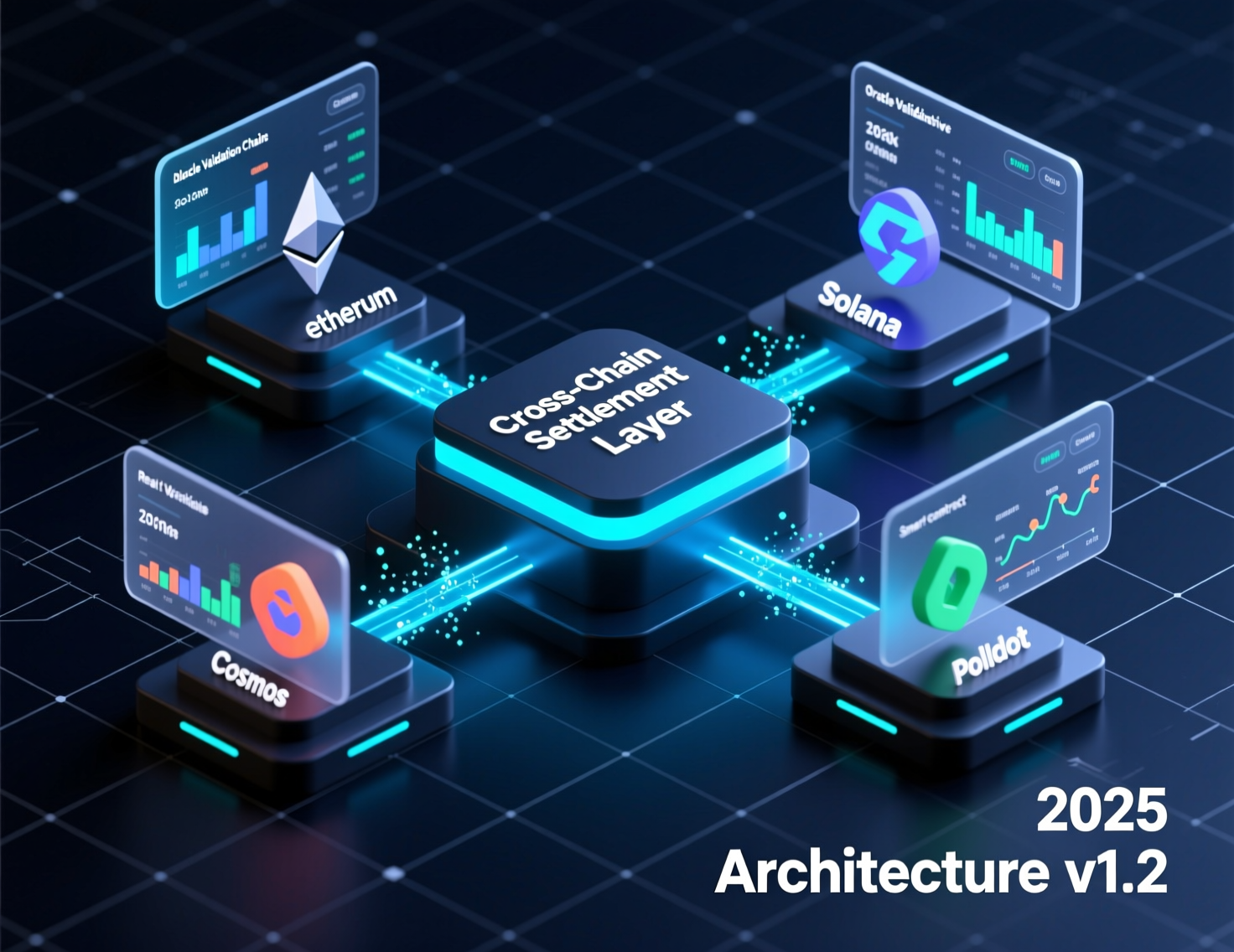 Diagram of cross-chain crypto derivatives architecture with bridges, oracles and perps DEXs