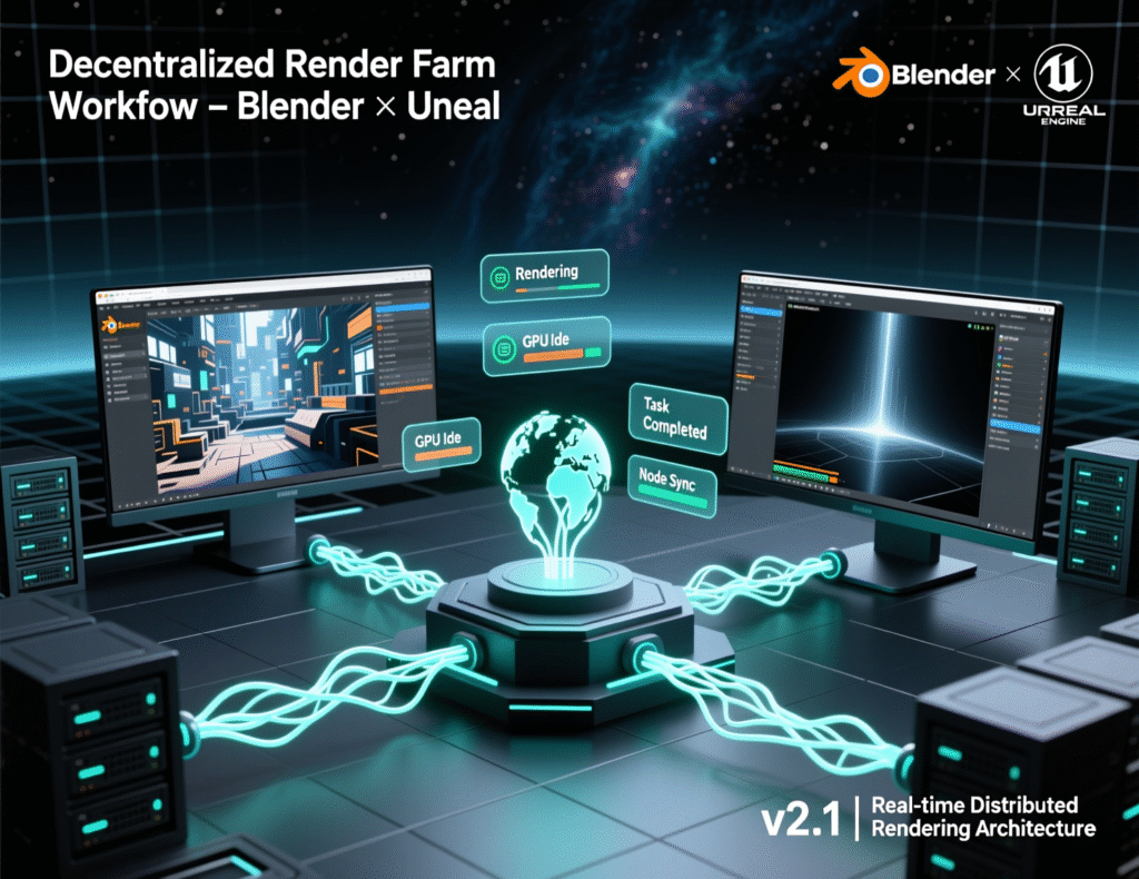 Decentralized GPU Cloud: The 2025 Buyer’s Guide for AI & Rendering 3 Workflow diagram of decentralized GPU render farm for Blender and Unreal projects