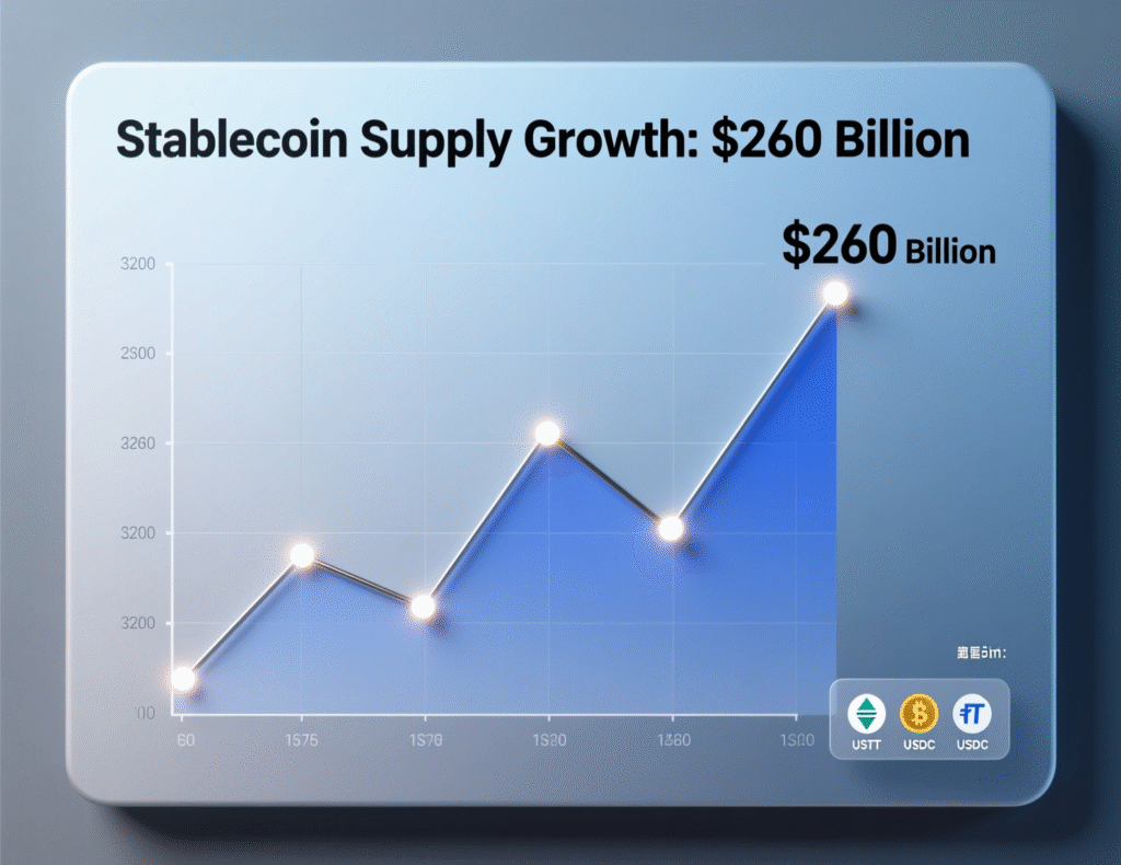 Monad’s Debut Shows Why FDV Forecasts Broke as Bitcoin Fell 2 “Line chart of U.S. dollar stablecoin supply surpassing $260 billion”