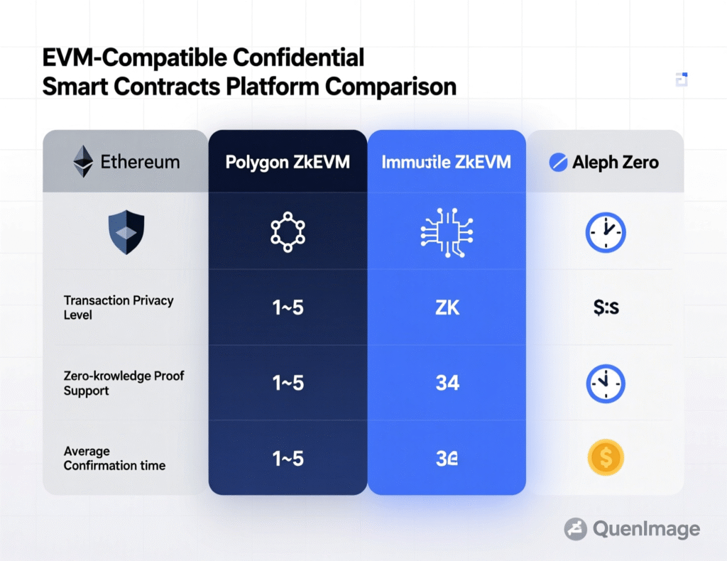 Comparison chart of Oasis Sapphire, Aleo, Aztec and Dusk for confidential smart contracts