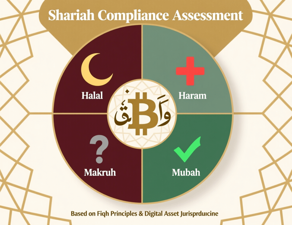 Matrix comparing Bitcoin features against key Shariah principles like riba, gharar and maysir