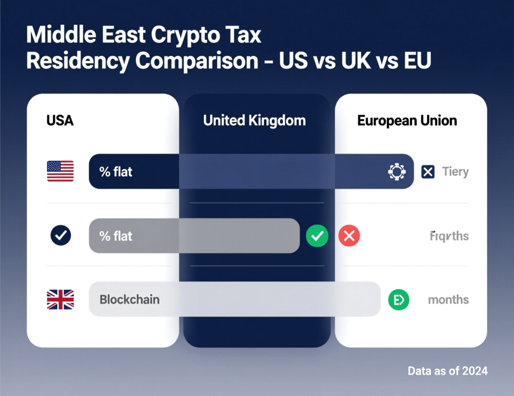 Top 5 Crypto Friendly Countries in the Middle East 2025 4 Comparison chart of crypto tax and residency options in UAE, Bahrain, Oman, Turkey and Israel for US, UK and EU investors.