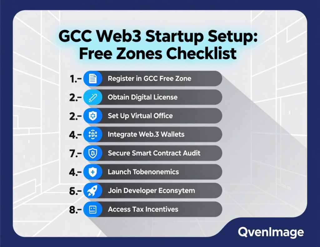 Top 5 Crypto Friendly Countries in the Middle East 2025 3 Checklist visual for setting up a Web3 startup in GCC free zones like ADGM, DIFC, DMCC and DWTC.