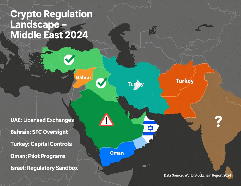 Top 5 Crypto Friendly Countries in the Middle East 2025 5 Risk map of Middle East crypto regulation comparing friendly and restrictive jurisdictions.