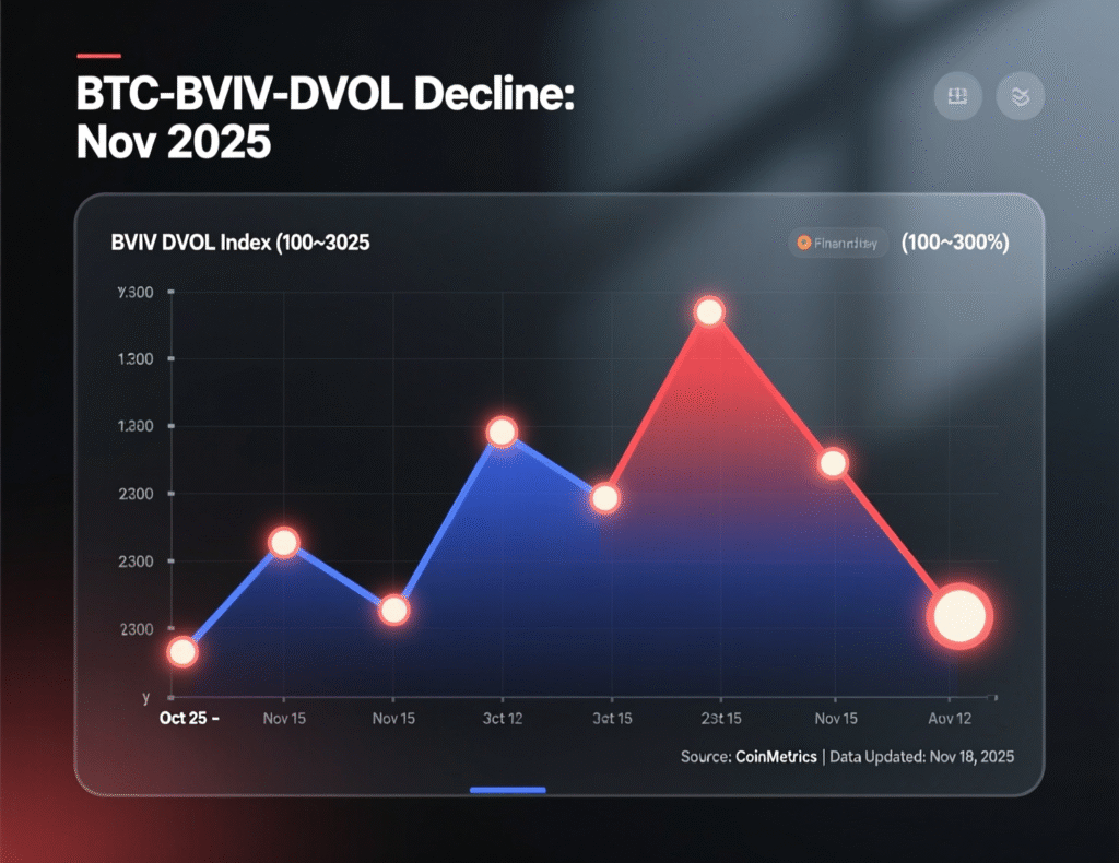 Bitcoin BVIV and Deribit DVOL falling after a volatility spike
